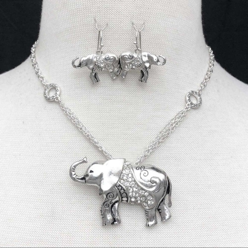 Lucky Elephant Silver Rhinestone Large Pendant Necklace Earrings Set